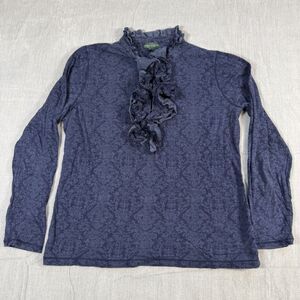 Lauren Ralph Lauren XL Blue Damask Floral Ruffle Neck Long Sleeve Cotton Top